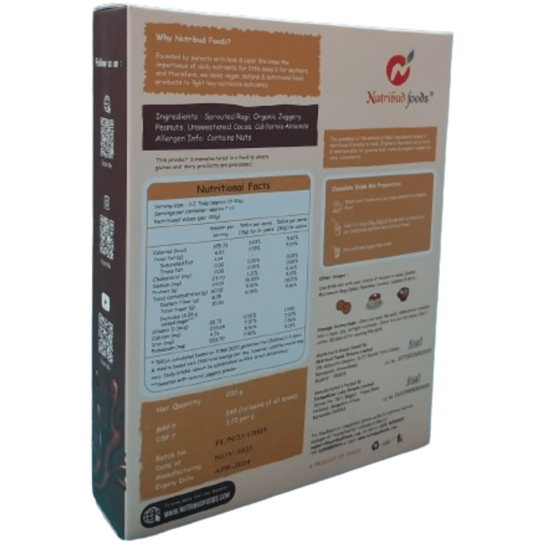 Sprouted Ragi, Almonds & Peanuts Drink Mix (Chocolate) - Pack of 1 (200g) - Nutribud Foods