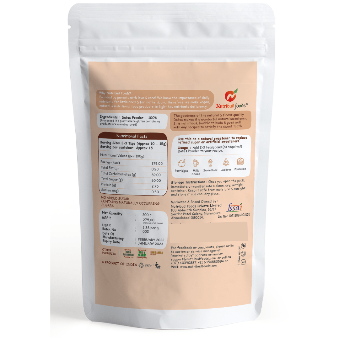 Dates Powder (Natural Sweetener) - Pack of 1 (200g) - Nutribud Foods