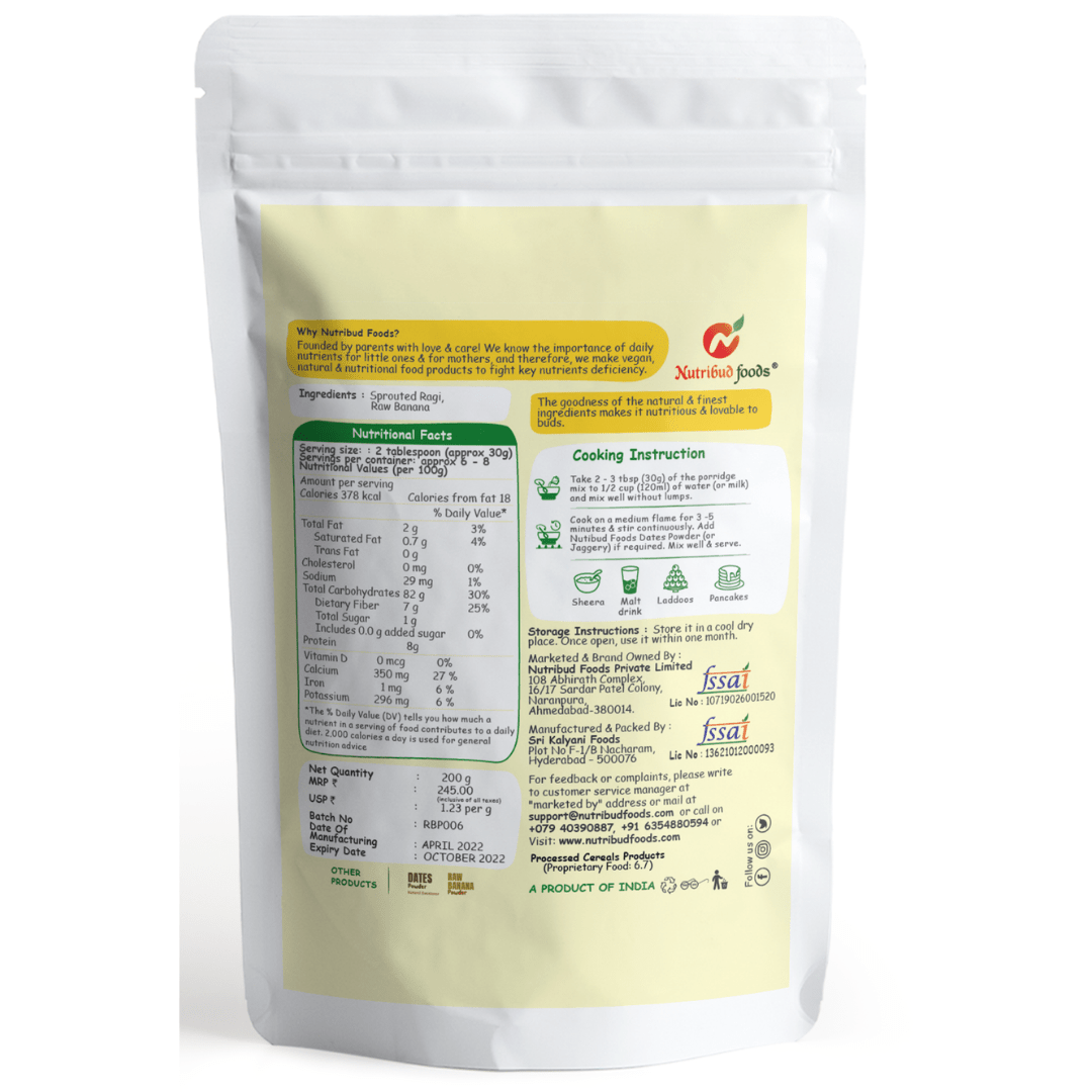 Sprouted Ragi and Banana Porridge Mix - Pack of 1 (200g) - Nutribud Foods