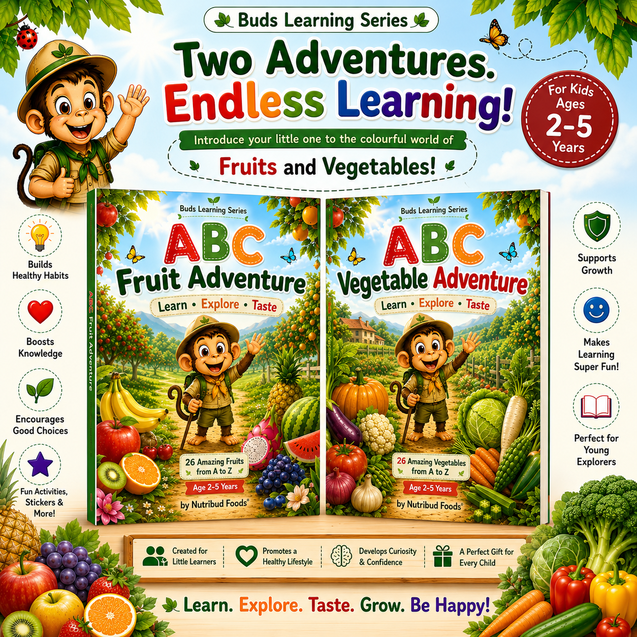 ABC Fruit Adventure + ABC Vegetable Adventure | Educational Books for Kids (Ages 2–5) | Buds Learning Series by Nutribud Foods® - Nutribud Foods
