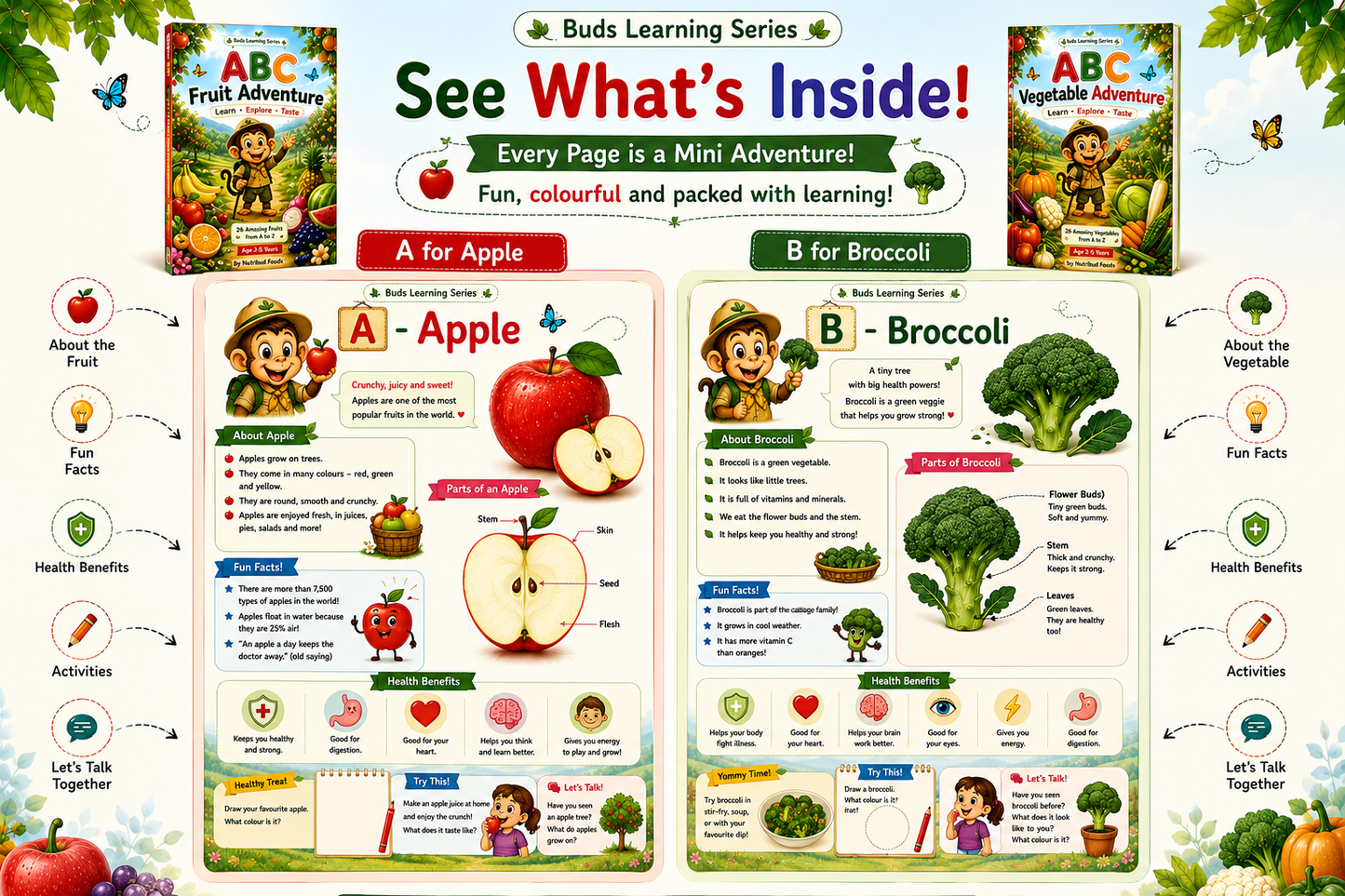 ABC Fruit Adventure + ABC Vegetable Adventure | Educational Books for Kids (Ages 2–5) | Buds Learning Series by Nutribud Foods® - Nutribud Foods