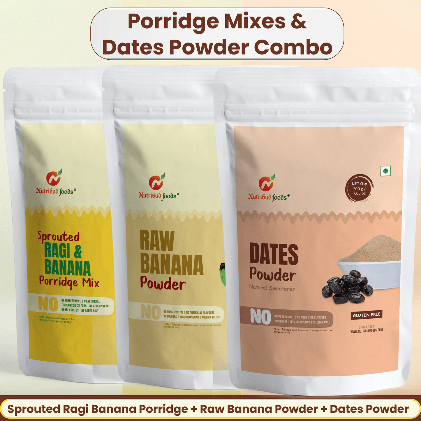 BabyCombo - Sprouted Ragi & Banana Porridge Mix (200g) | Raw Banana Powder (200g) | Dates Powder (200g) - Nutribud Foods