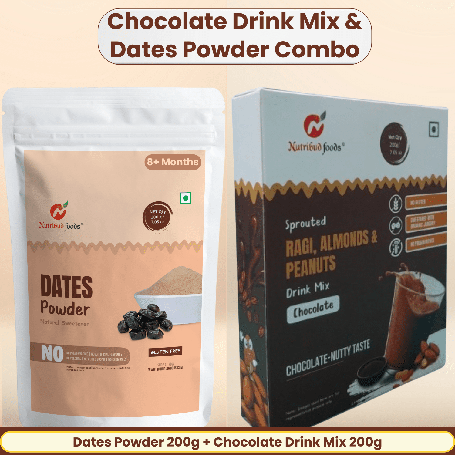 Health Mix Combo - Sprouted Ragi, Almonds & Peanuts Drink Mix (Chocolate) | Dates Powder | Pack of 200g Each - Nutribud Foods