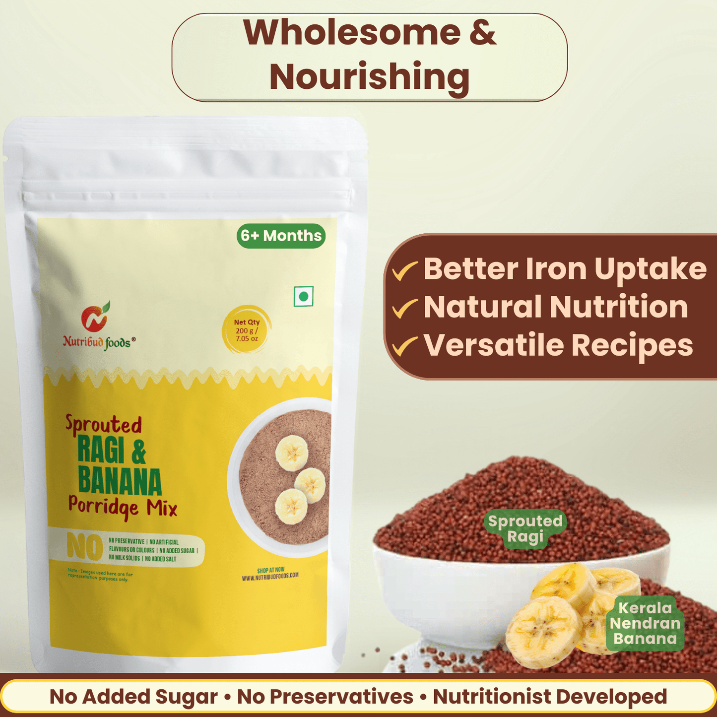Sprouted Ragi and Banana Porridge Mix | Pack of 2 (200g Each) - Nutribud Foods