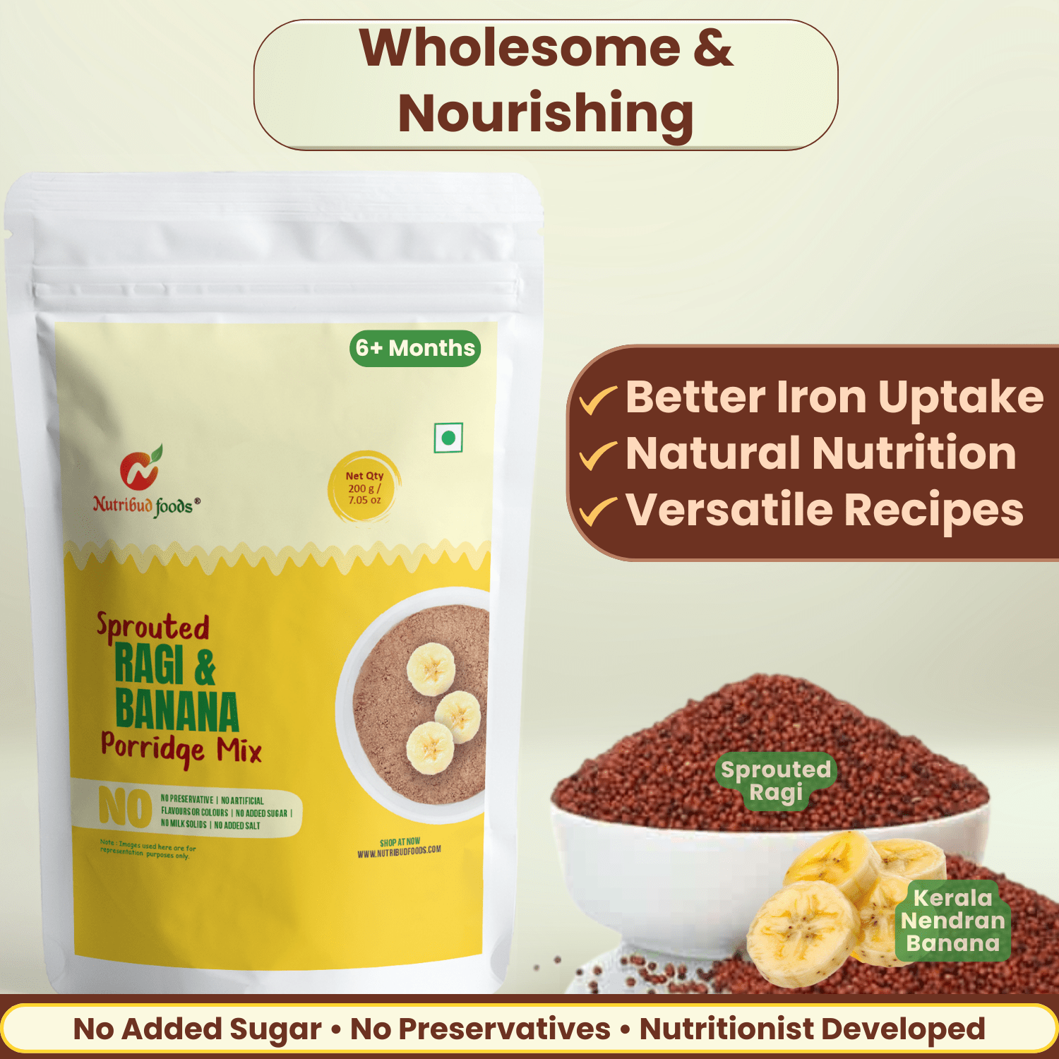 Sprouted Ragi and Banana Porridge Mix | Pack of 2 (200g Each) - Nutribud Foods